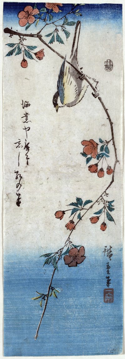 Kleine Vogel op een Tak van Kaidozakura door Utagawa Hiroshige